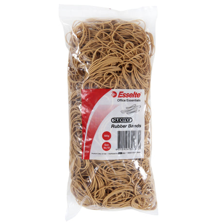 High-quality natural rubber size 18 rubber bands in a 500gm bag, designed for durability and versatile use in home or office.