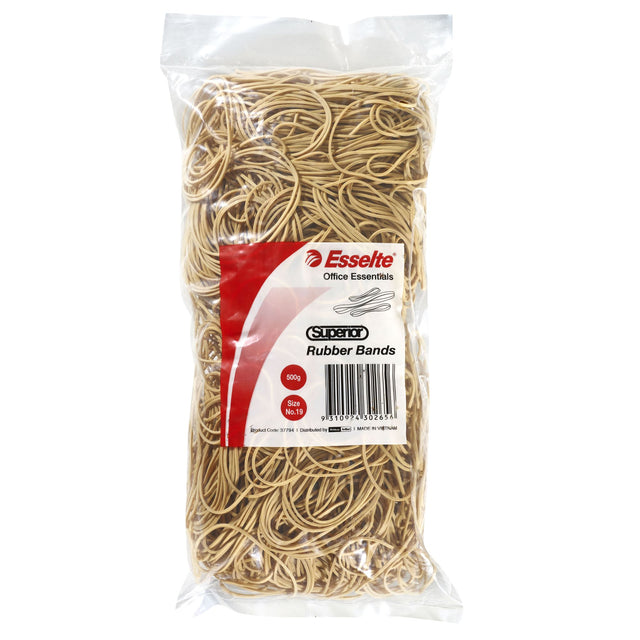 Esselte Superior Rubberbands Size 19, 500g bag of durable, high-quality natural rubber bands for various organizational needs.