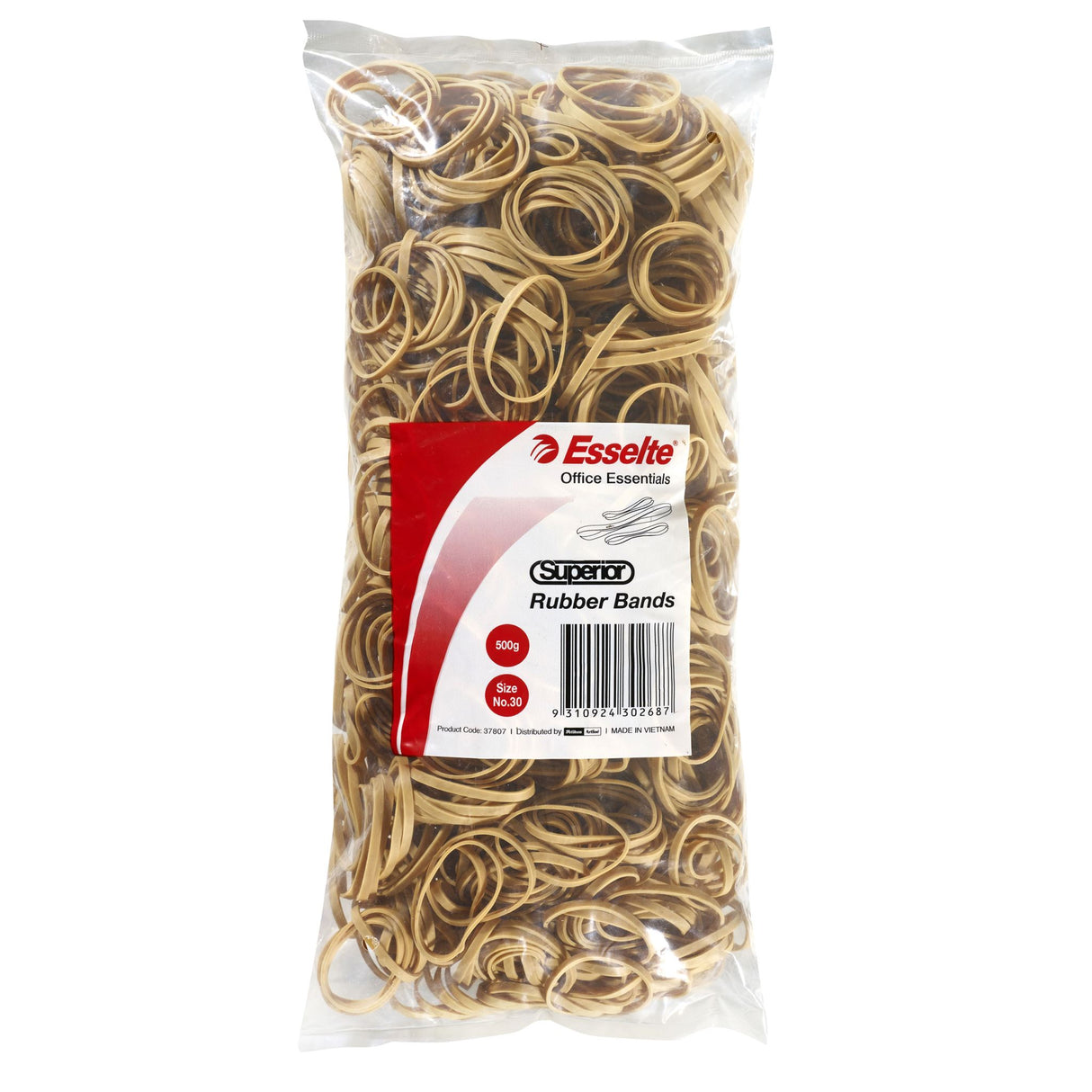 Esselte Superior Rubberbands Size 30 in a 500gm bag, featuring strong, smooth, and durable natural rubber for versatile organization.