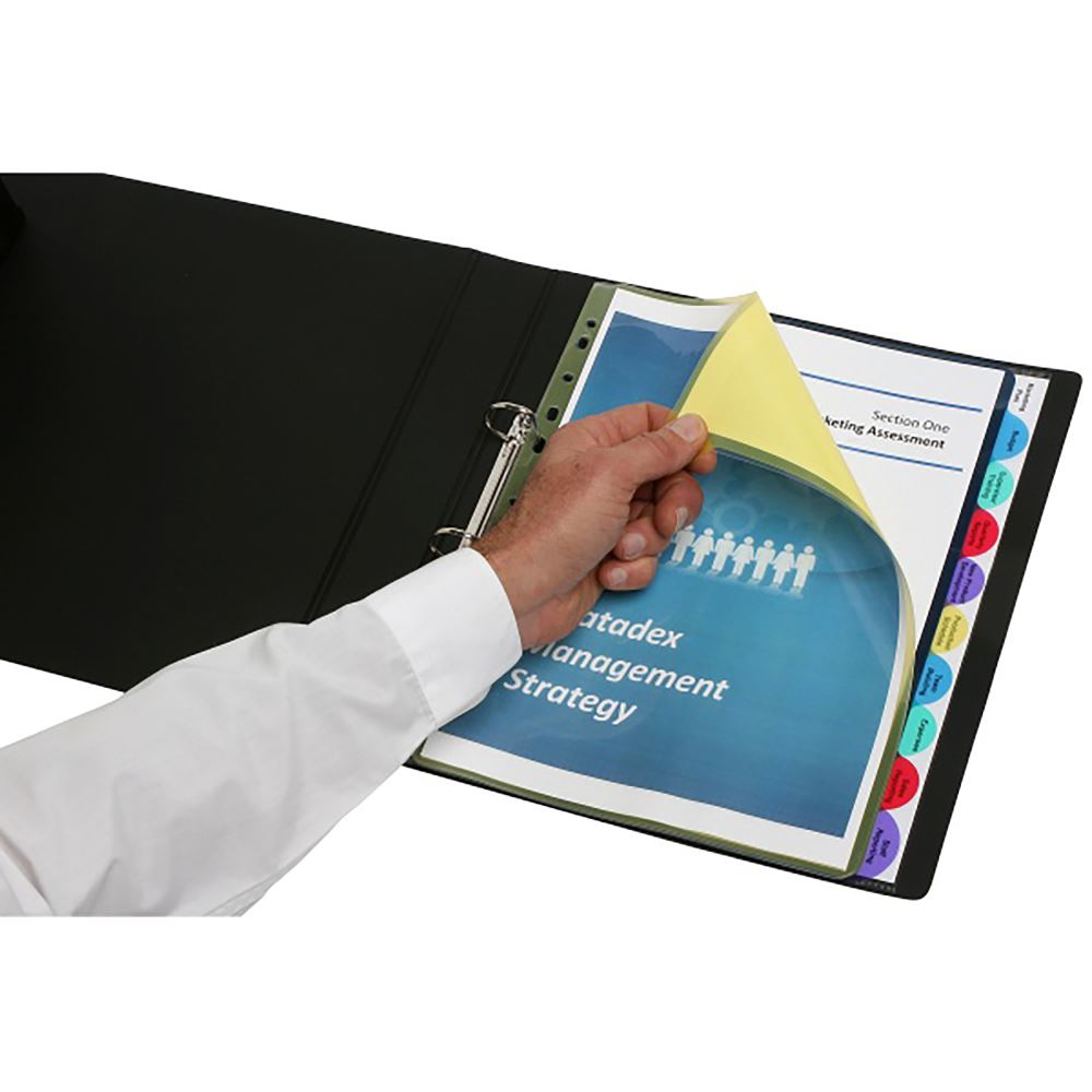 Marbig Pro DVDRs View Tab Xwide A4 5 Tab Pockets feature extra-wide tabs for organized, professional document management.