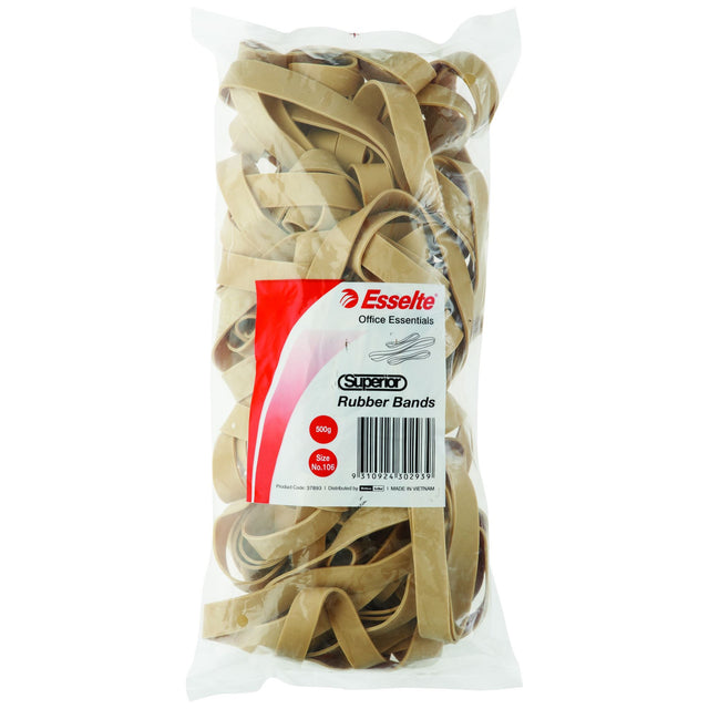 Esselte Superior Rubber Bands No.106 in a 500gm bag, made from high-quality natural rubber for strength and versatility.