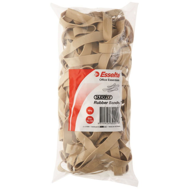 Esselte Superior Rubber Bands No.109 in a 500gm bag, made from durable natural rubber for versatile binding needs.