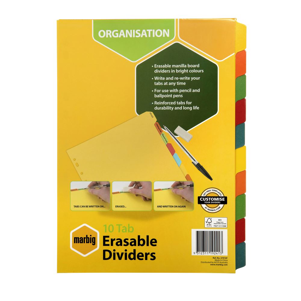 Marbig A4 dividers with 10 eraseable tabs, perfect for organizing documents efficiently and sustainably.