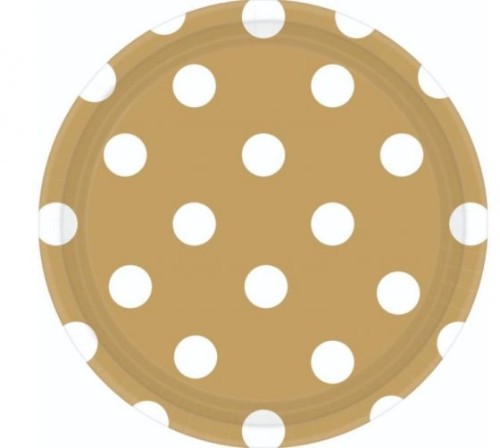 Elegant 17cm round gold plates with dot design, perfect for stylish dining, events, and gatherings; pack of 8.