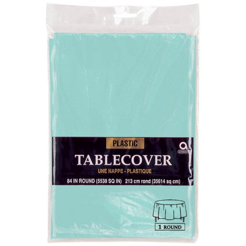 Plastic round tablecover in Robin's-Egg Blue, 2.1m, ideal for events, durable, elegant, and easy cleanup.