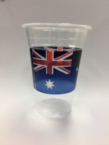 Brightly colored plastic Australia Cups in a pack of 8, perfect for drinks at parties, BBQs, and events, 473ML capacity.