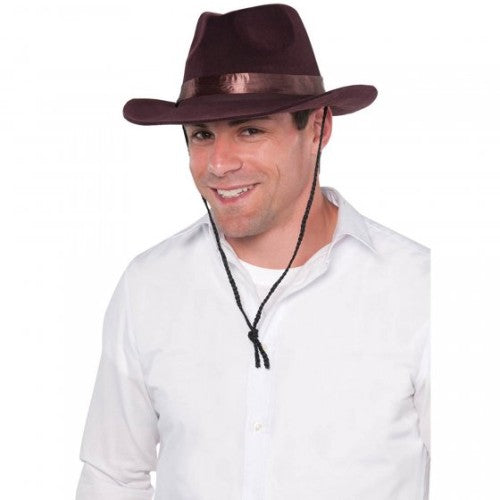 Flocked brown cowboy hat with soft texture, adjustable band, perfect for outdoor adventures and western-themed outfits.