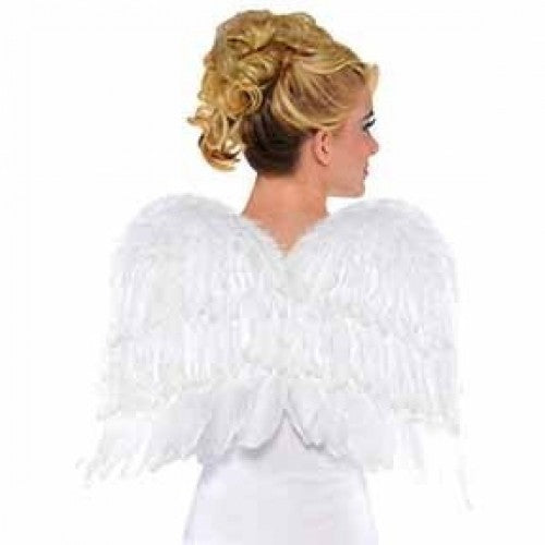 Elegant white feather wings for adults, measuring 16" x 22", perfect for costumes, cosplay, and theatrical performances.