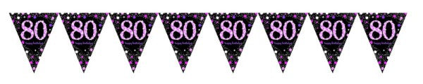 Bright pink plastic pennant banner with shiny prismatic finish, perfect for adding color to any celebration or event.