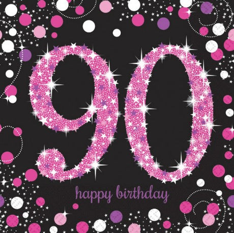 Pink celebration napkins for 90th birthday, pack of 16, 33cm x 33cm, elegant and absorbent for festive occasions.