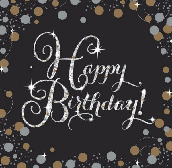 Colorful pack of 16 birthday napkins featuring a sparkling celebration design, perfect for festive occasions.