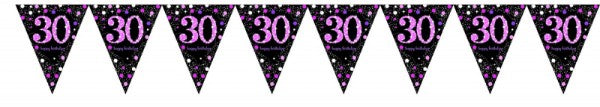 Vibrant pink 4m prismatic pennant banner ideal for festive celebrations and events, made of durable lightweight plastic.