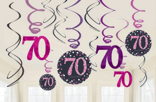 Pink Celebration 70 Swirl Value Pack featuring 12 festive swirls for birthdays and special events, easy to hang decorations.