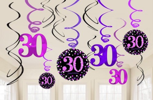 Pink Celebration 30 Swirl Value Pack featuring 12 decorative swirls perfect for birthdays and celebrations.