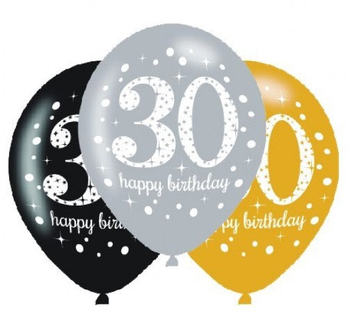 Sparkling Celebration 30th Birthday Latex Balloon -  30cm (6pk) - Pack of (6)