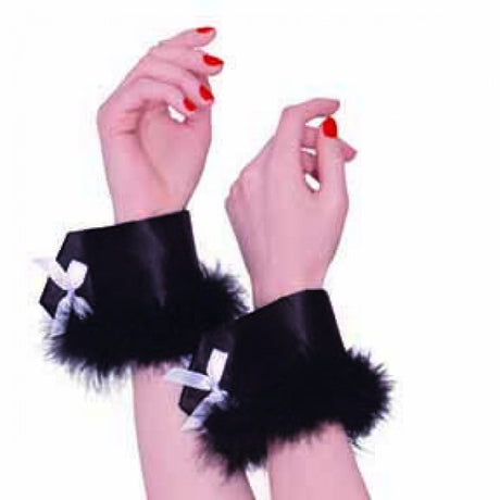 Black bunny feather wrist cuffs, lightweight and stylish, perfect for costume parties and adding playful elegance to outfits.