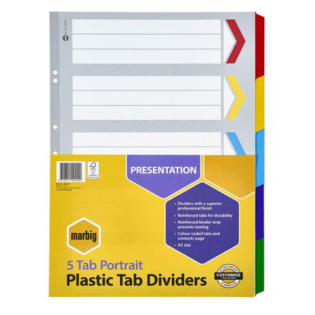 A3 dividers with colored plastic tabs and table of contents for organized document management and durability.