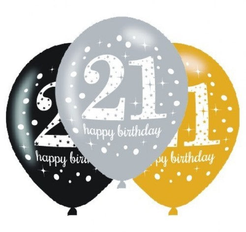 Latex balloons in sparkling designs, 30cm, pack of 6, perfect for 21st birthday celebrations and festive decor.