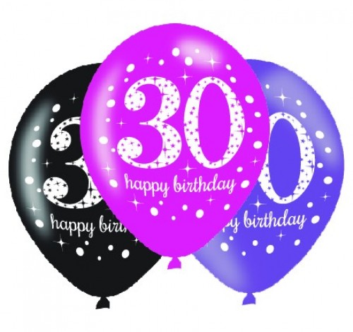 Pack of 6 pink latex balloons celebrating a 30th birthday, perfect for vibrant party decor and easy to inflate.