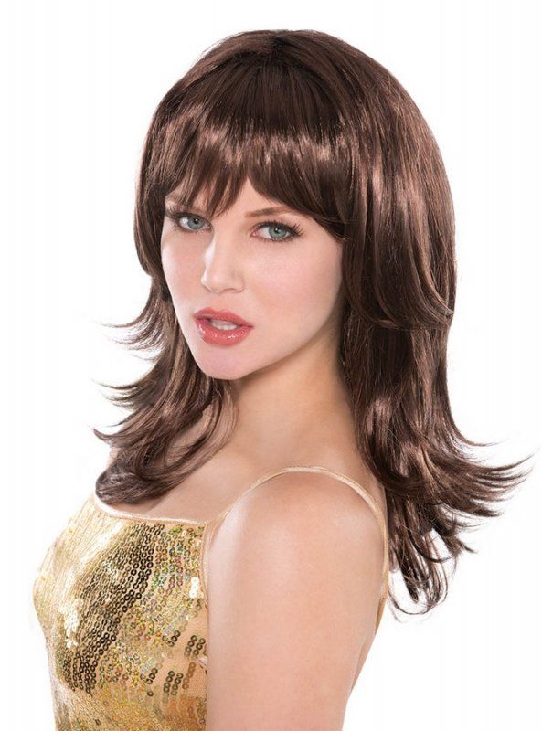 Brown feather shag wig with stylish layers, perfect for costume parties and playful fashion changes.