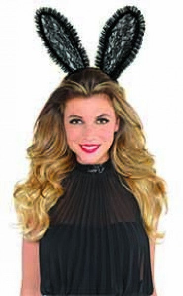 Black lace bunny ear headband, perfect for costumes, festivals, and adding whimsy to any outfit. Comfortable fit for all ages.