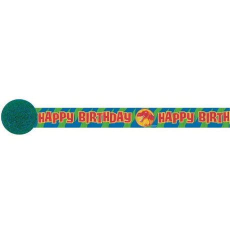 Colorful dinosaur-themed crepe streamers for festive prehistoric party decorations, perfect for all ages and occasions.