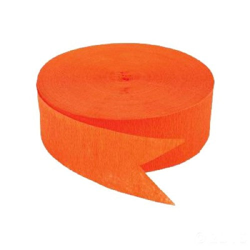 Bright orange crepe streamers over 80 feet long, perfect for vibrant party decorations and festive celebrations.