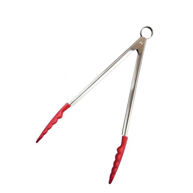 Cuisipro Silicone Locking Tongs in red, 24cm, featuring one-handed operation, heat-resistant silicone ends, and stainless steel design.