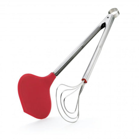 Cuisipro Fish Tongs in red, featuring stainless steel, silicone grips, and a locking mechanism for easy fish handling and serving.