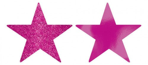 Bright pink glittery star cutouts, 5 inches each, perfect for decorating parties and events, pack of 5.