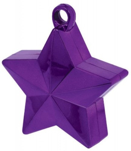 Purple star-shaped balloon weight designed to secure helium balloons and enhance party decor. Perfect for celebrations!