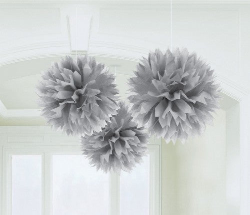 Set of 3 elegant silver fluffy tissue decorations, 16 inches, perfect for enhancing any festive celebration or event decor.