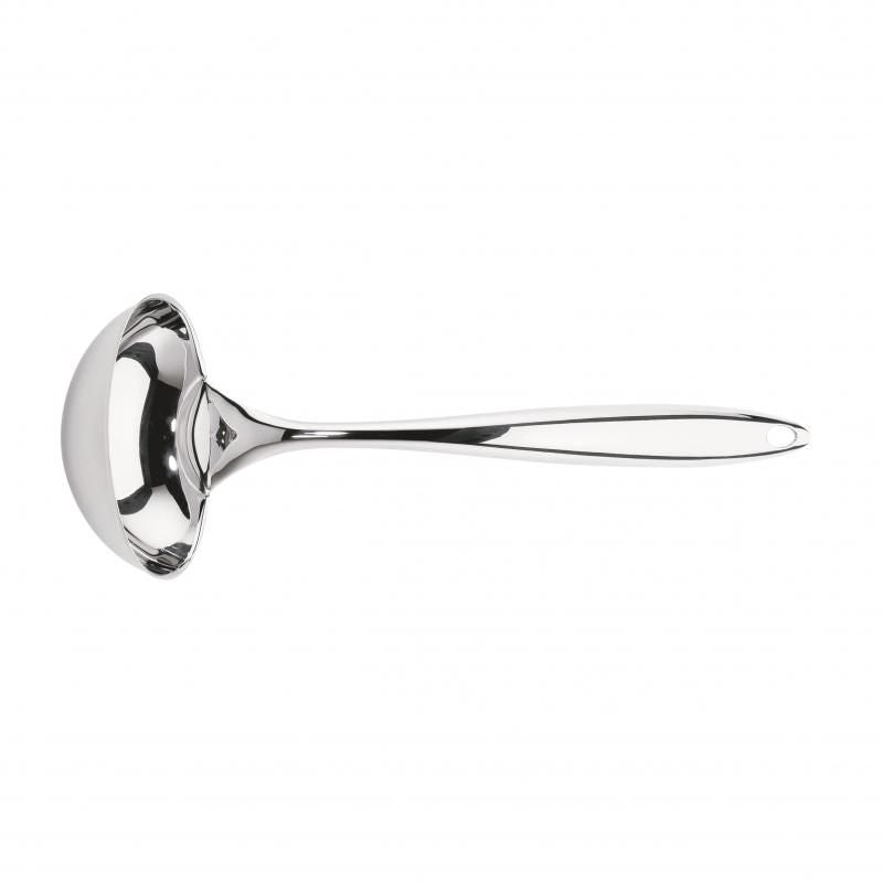 Medium stainless steel serving ladle with ergonomic handle, ideal for soups and stews, featuring a mirrored finish.