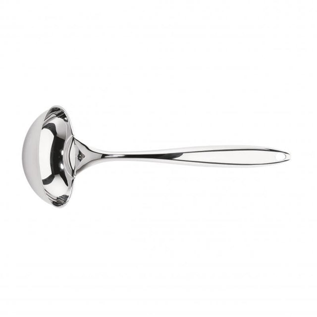 Medium stainless steel serving ladle with ergonomic handle, ideal for soups and stews, featuring a mirrored finish.