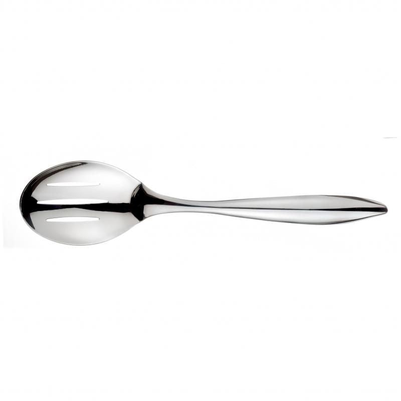 Cuisipro Mini Tempo slotted spoon in stainless steel with mirror finish, ideal for draining and serving small dishes elegantly.