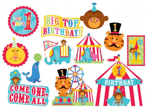 Vibrant Fisher Price circus-themed cutouts for 1st birthday, featuring 12 pieces in various sizes for festive decoration.