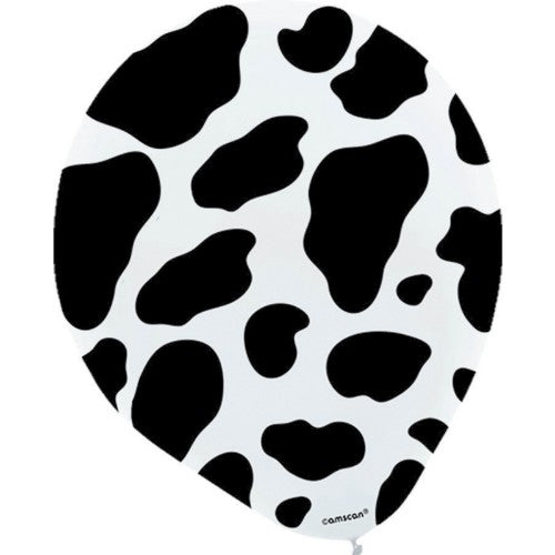 Cow print latex balloons in a pack of 6, 30cm, perfect for farm-themed parties and festive decorations.