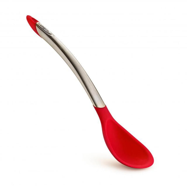 Red Cuisipro Silicone cooking spoon, 30.5cm, with ergonomic handle, heat resistant, stainless steel, and dishwasher safe.