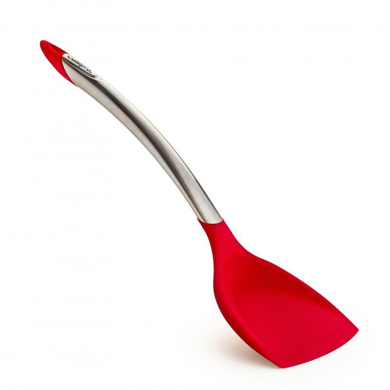 Red 32cm Cuisipro silicone turner with stainless steel handle; perfect for flipping and serving stir-fries and pancakes.