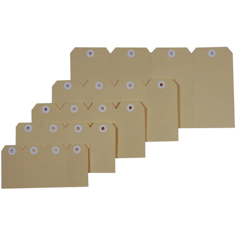 ESSELTE SHIPPING TAGS in buff color, 35x70mm, durable Manilla board with reinforced holes, 1000 tags per box for organization.