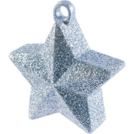 Silver star balloon weight designed to secure helium balloons, adding elegance to any celebration or event.