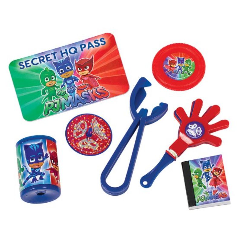 Colorful PJ Masks Mega Mix Favors Pack of 48, featuring toys like Prism Viewers and Mini Notebooks for fun-filled parties.