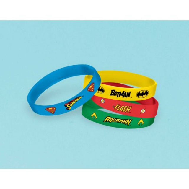 Set of 4 vibrant rubber bracelets featuring Justice League icons like Superman and Batman, perfect for parties and collectibles.