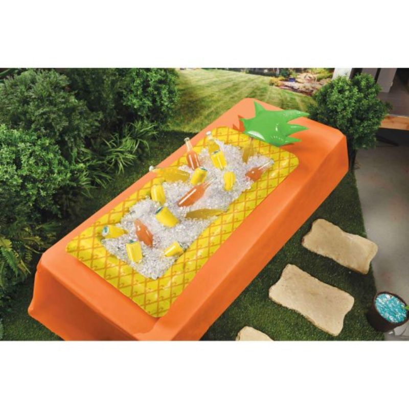 Vibrant pineapple inflatable buffet cooler, perfect for outdoor parties, measuring 180cm x 65cm, keeps drinks cold in style.