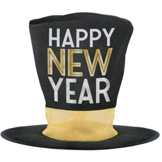 Happy New Year oversized top hat with hot-stamped design, perfect for festive celebrations and parties, measuring 32cm.