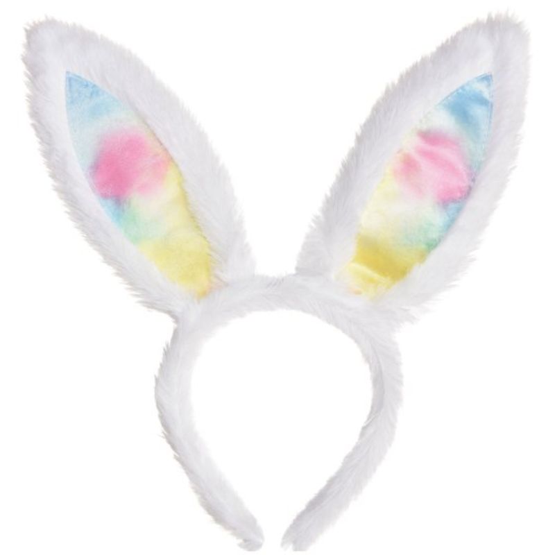 Vibrant rainbow and white bunny ears for festive Easter celebrations, perfect for all ages and comfortable to wear.