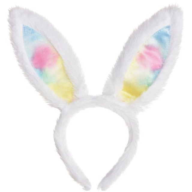 Vibrant rainbow and white bunny ears for festive Easter celebrations, perfect for all ages and comfortable to wear.