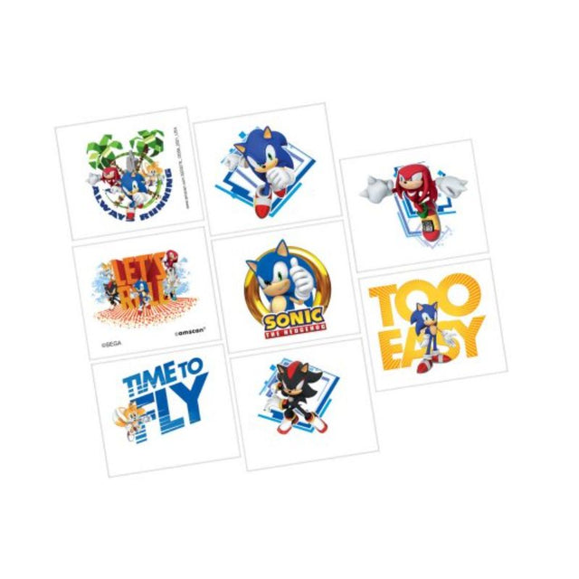 Vibrant set of 8 Sonic the Hedgehog temporary tattoos featuring iconic characters for fans of all ages.