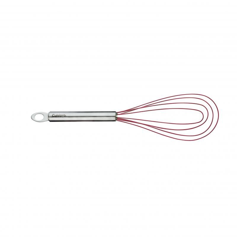 Cuisipro 10-inch flat whisk in red, heat-resistant, non-stick, ideal for sauces with stainless steel handle and easy storage.