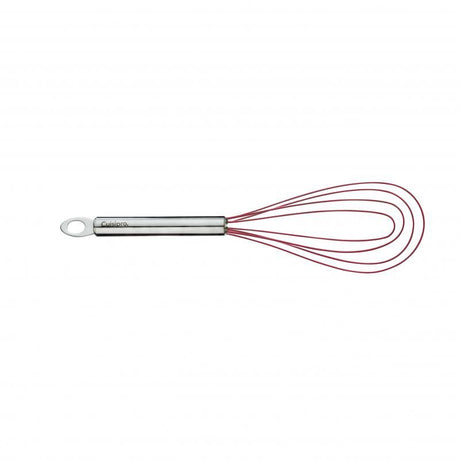 Cuisipro 10-inch flat whisk in red, heat-resistant, non-stick, ideal for sauces with stainless steel handle and easy storage.